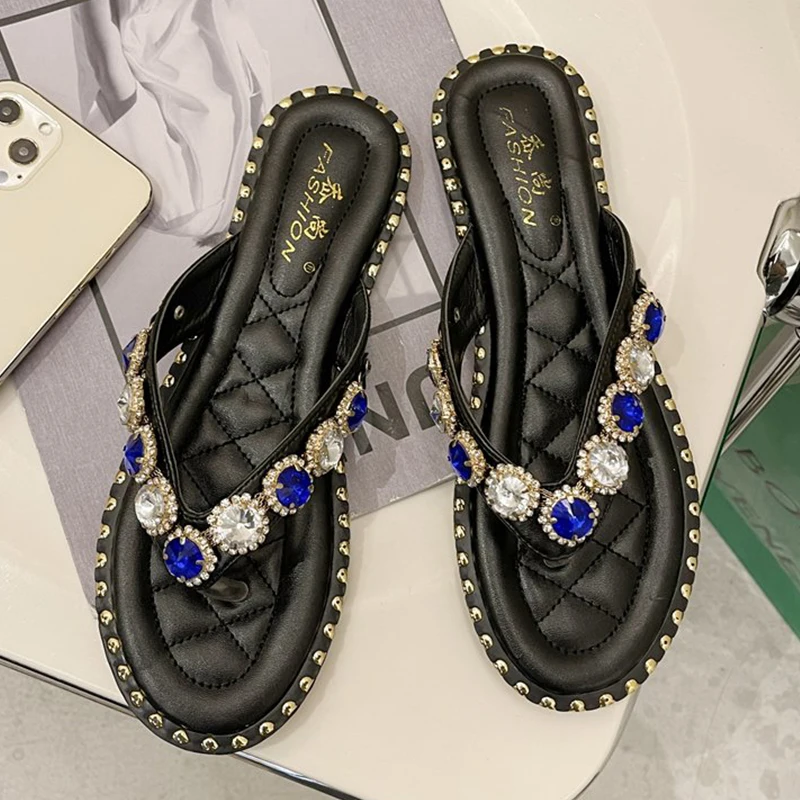 

Women Flats Slippers Rome Slides 2022 New Female Rhinestone Flip Flops Shoes Ladies Casual Outside Slippers Rubber Shoes