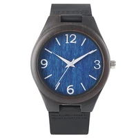 fashion business casual ebony wood mens watch blue dial black genuine leather wristwatch minimalist watches present for male