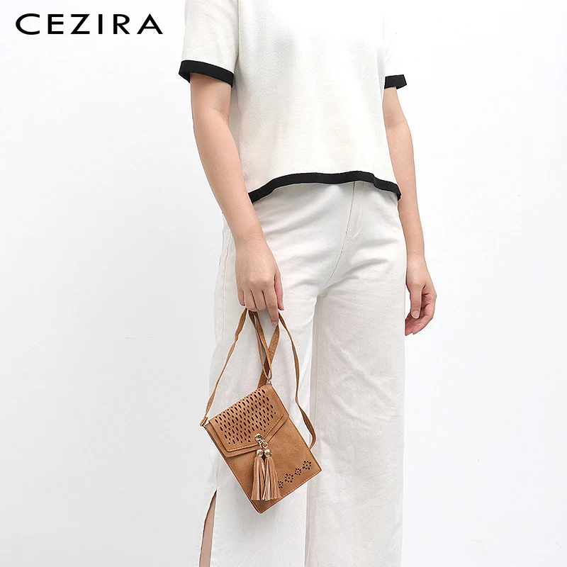 

CEZIRA Fashion PU Vegan Leather Crossbody Bags For Women Luxury Tassel Hollow Out Phone Purse Girls Small Flap Shoulder Handbags