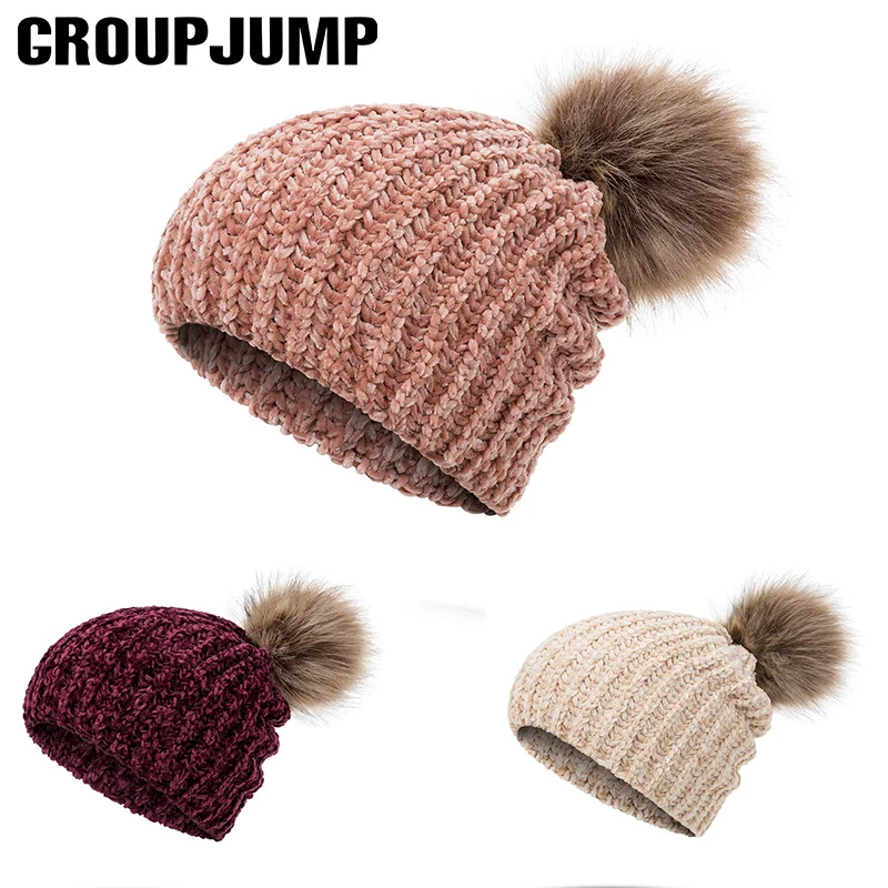Skullies Beanies для женщин синель пом Вязанная женская зимняя шапка мягкая шапка шапки для девочек Толстая Skullies женская шапка