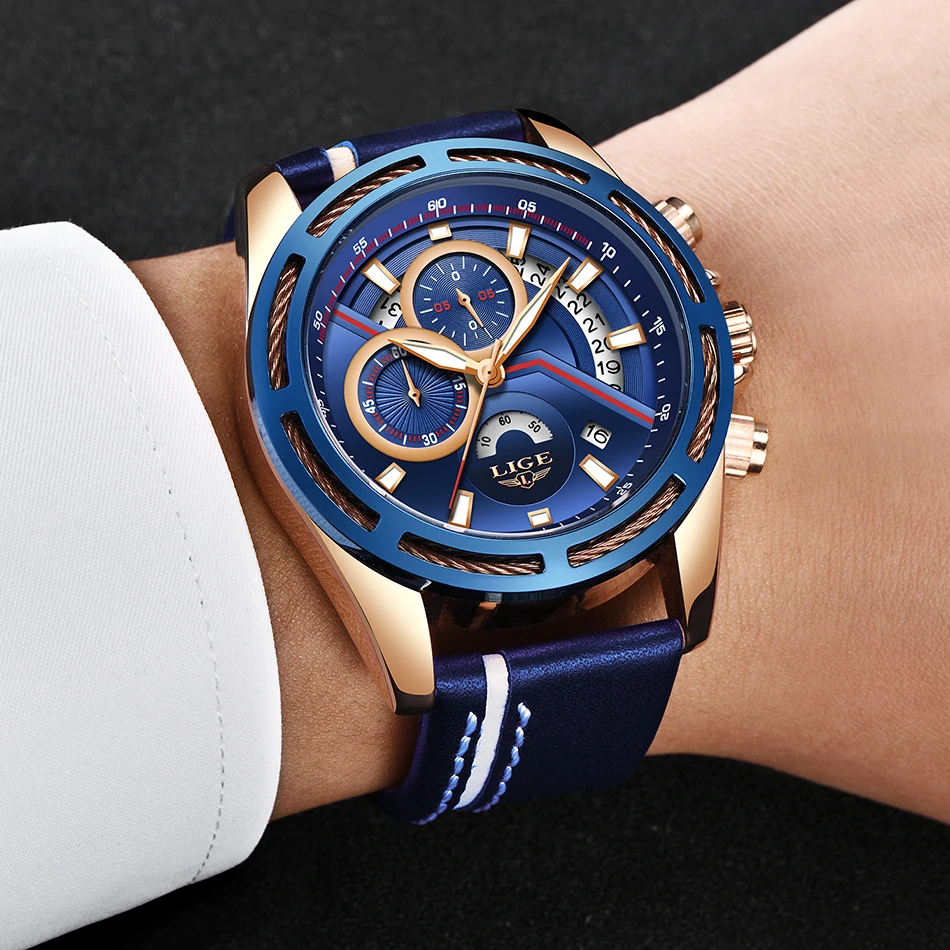 Новые LIGE мужские часы Топ бренд класса люкс синие военные спортивные кожаные