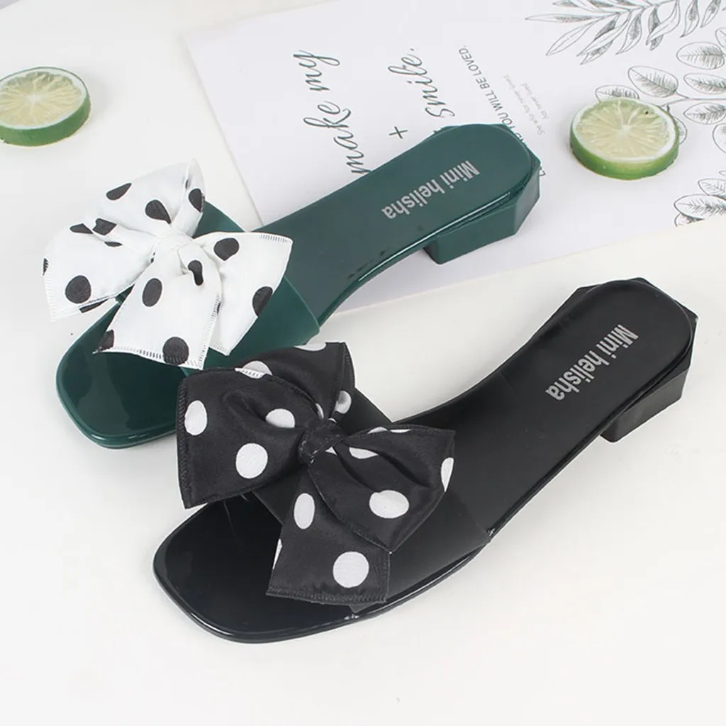 SAGACE Polka Dot Slipper Women Sandals Vintage Square Toe High Heel Summer Bow Slippers Casual Shoes Female | Обувь