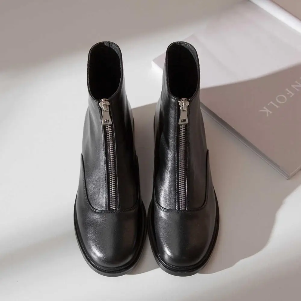 krazing pot winter warm leisure simple style genuine leather solid round toe low heels women fashion Zipper punk ankle boots L00