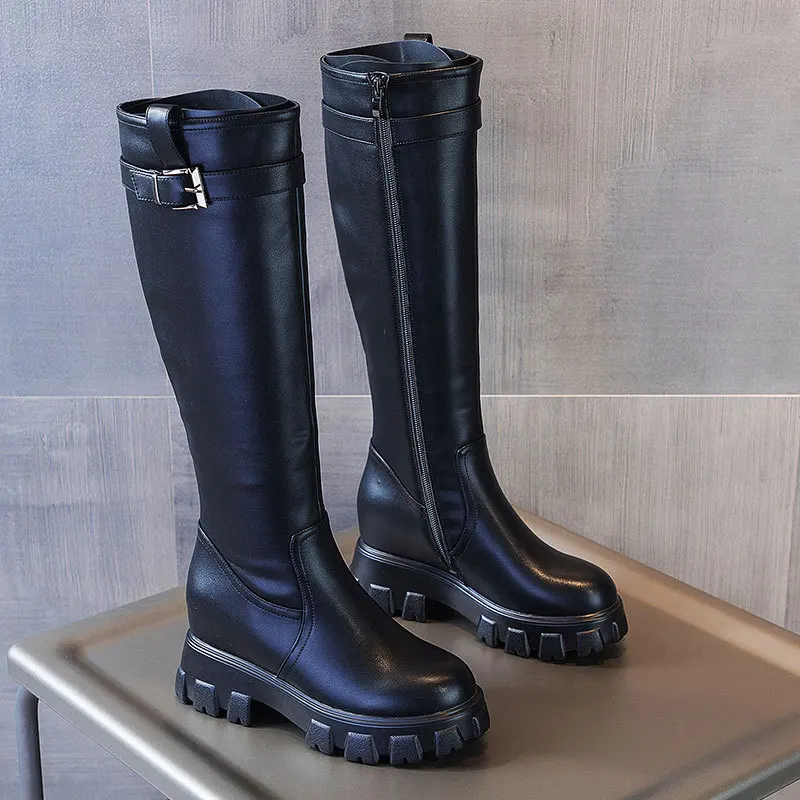 

Autumn and high top boots women's thick winter Plush soled casual buckle Knight boots women's leather side zipper inside