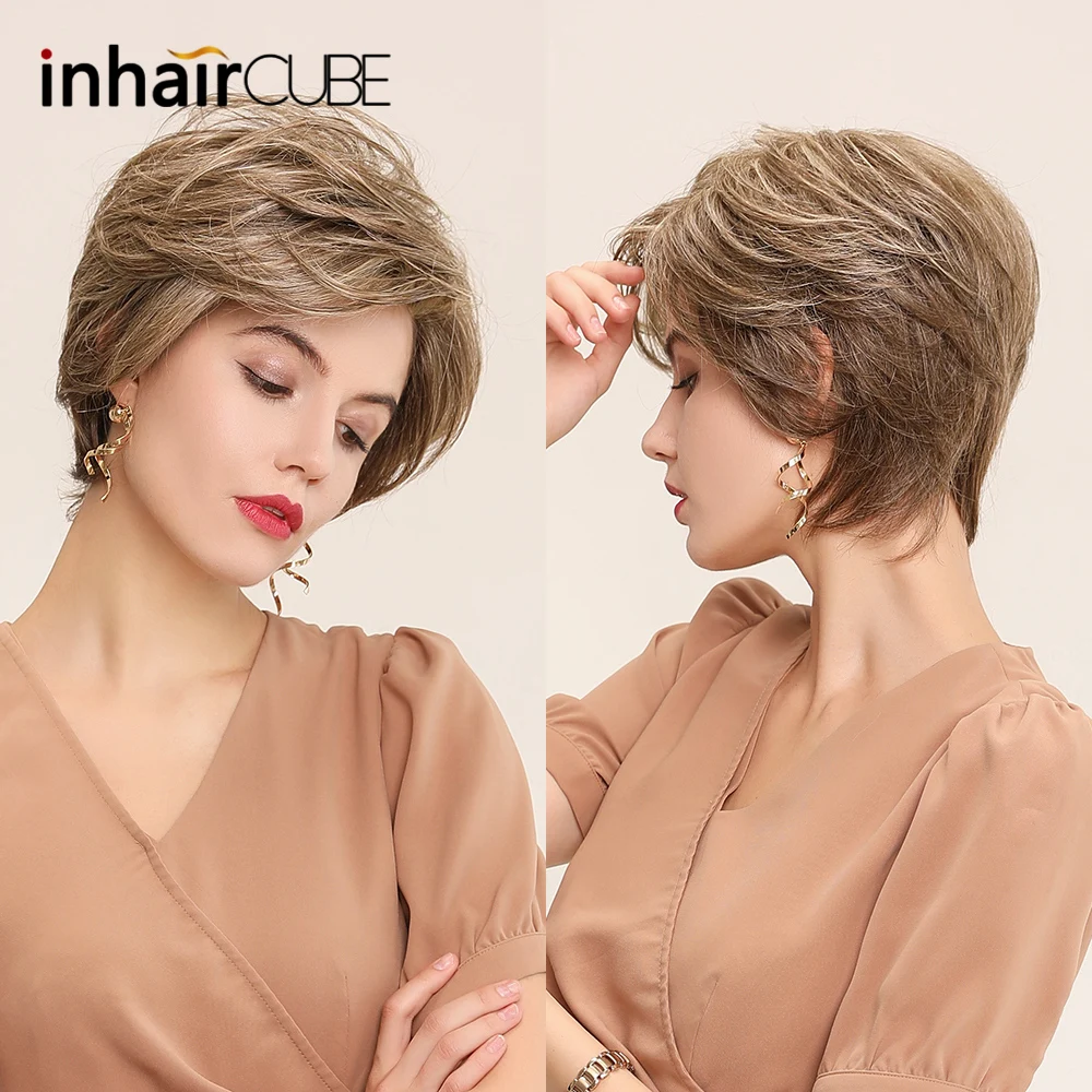 Inhaircube короткие волнистые кружевные передние парики для женщин 50% человеческие