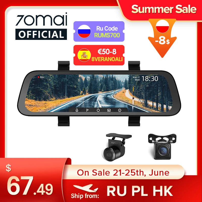 2020 New 9.35 Inch Full Screen 70mai Rearview Dash Cam Wide 1080P Auto Cam 130FOV 70mai Mirror Car Recorder Stream Media Car DVR