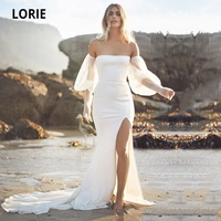 lorie beach wedding dresses with detachable long puffy sleeves strapless mermaid wedding gown soft satin summer bridal dress