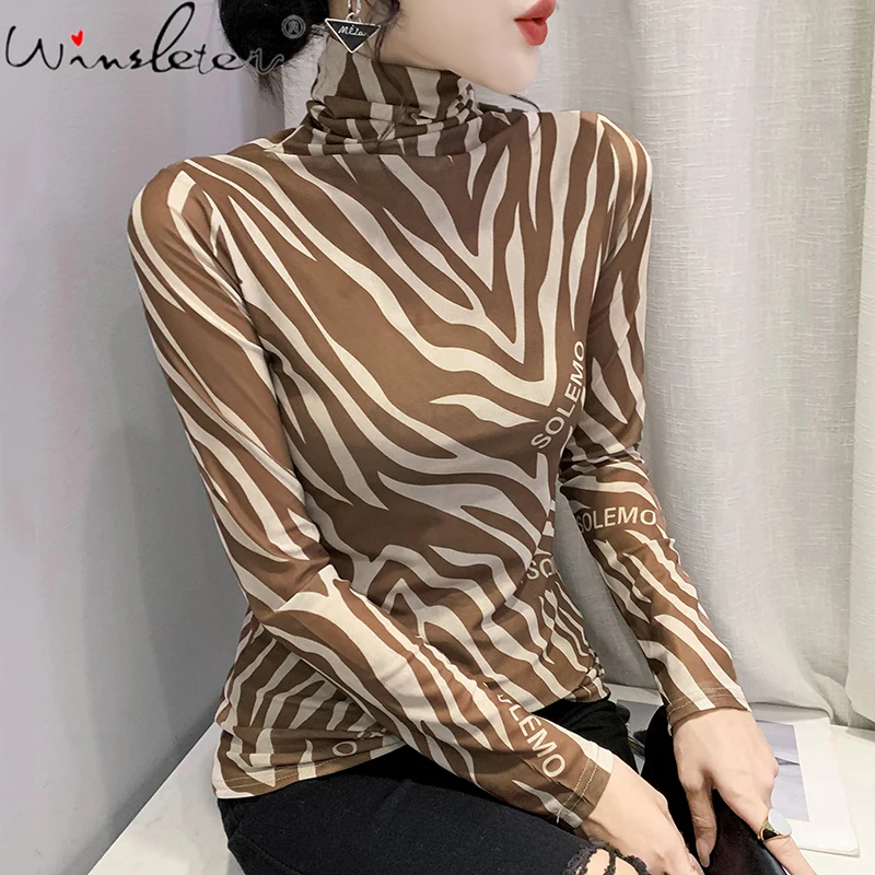 

MadBlack Korean Style Mesh T-Shirt Chic Sexy Turtleneck Print Letter Women Tops Long Sleeve 2022 Bottoming Shirt Tees T21104A