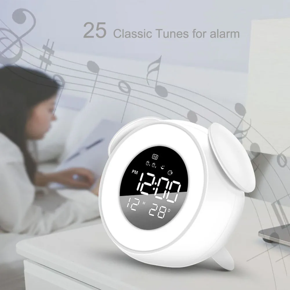 bedside sunrise sunset wake up light digital led music alarm mirror clock bedroom desk calendar snooze clock table phone charger free global shipping