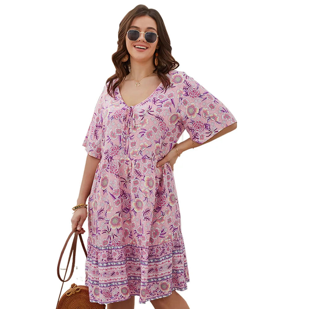 

Oversize Pink Loose Boho Short Sleeve Midi Dress Women Casual Floral Print Dress Party Fashion Plus Size Bohemia Summer Dresses