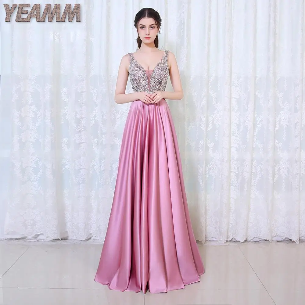

Long Evening Dress New V-neck Beads Bodice Open Back A Line Party Elegant Vestido De Festa Prom Gown Evening Gowns For Women