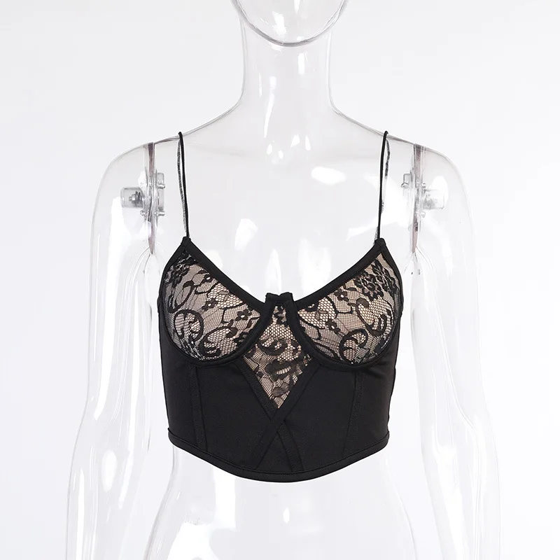 

Yuqung Women Lace Patchwork Camis Summer Strap Backless Crop Tops Casual Streetwear Lady Basic Vest 2021 New Camisole Black