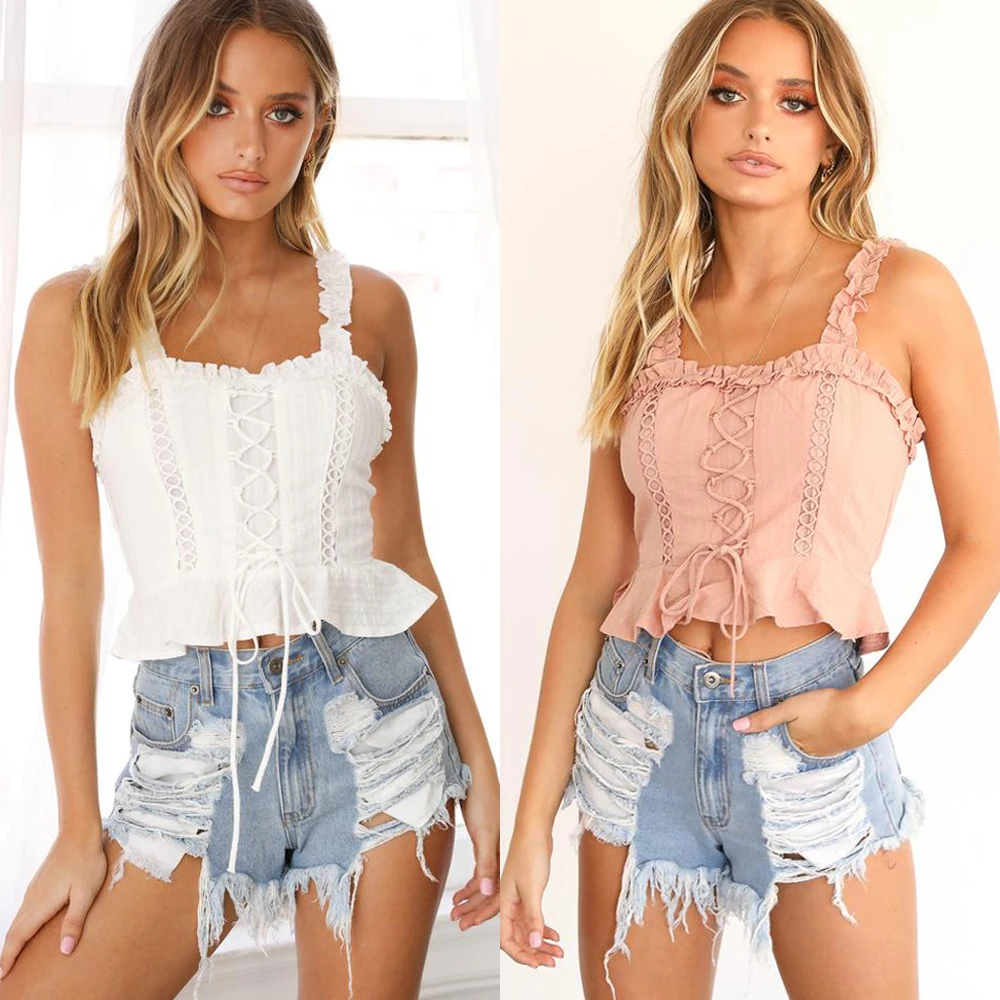 

Summer Tank Top Sleeveless Solid Tank Top Vest Camisole Party Clubwear Camisole Ruffles Crop Tops