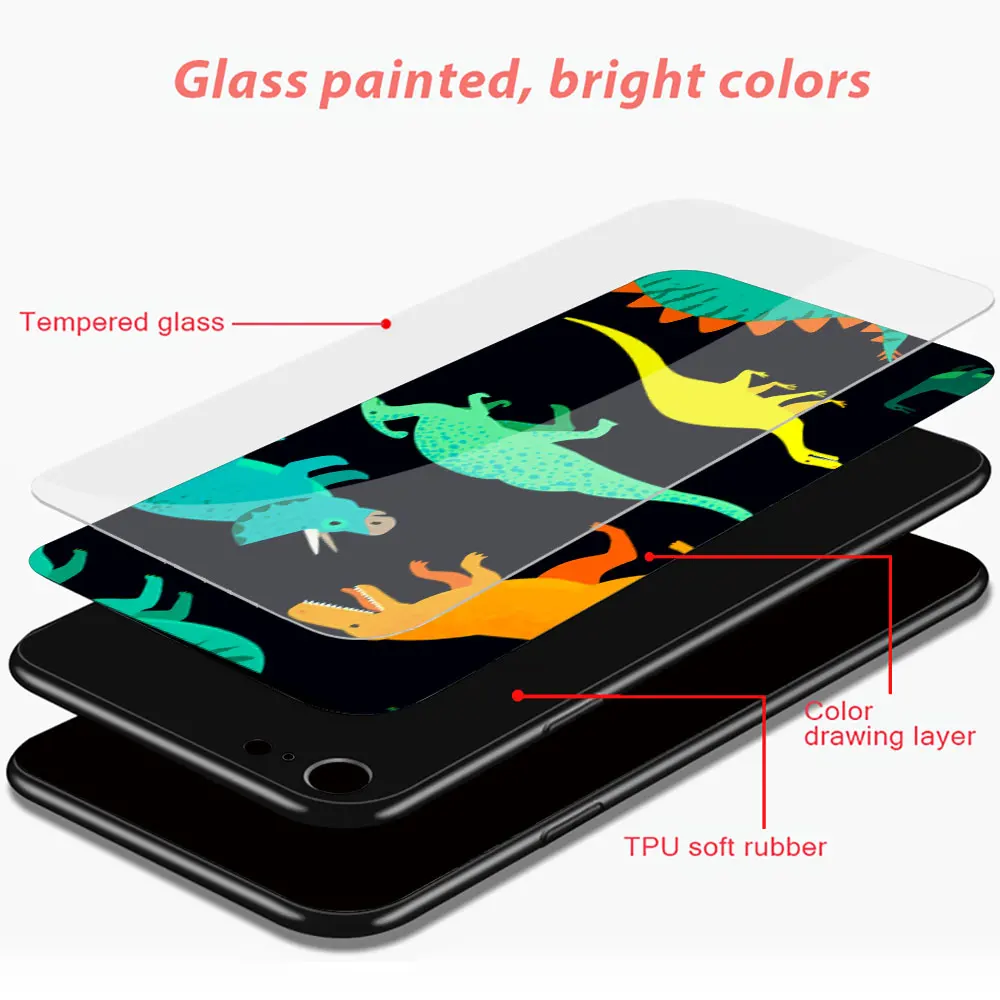 

Glass Case For Xiaomi Redmi Note 9S 8 Pro 7 8T Shell Mi Note 10 Lite 9T CC9E Poco X3 NFC Phone Cover Cartoon Dinosaur