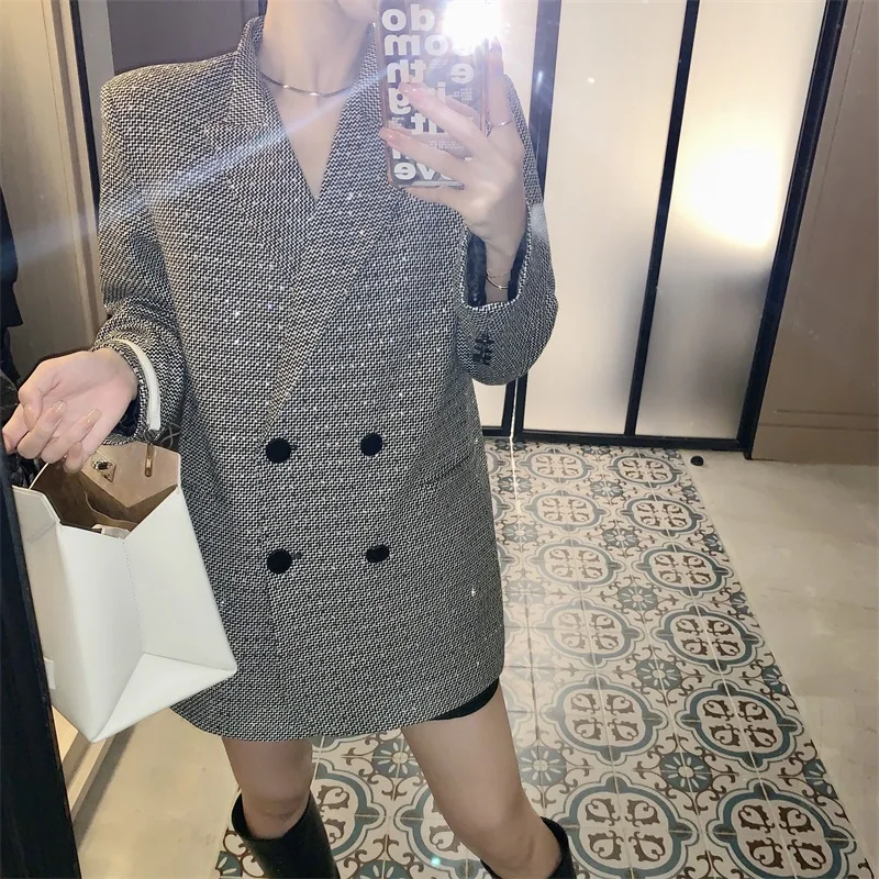 

Women Diamond Blazer Feminino Shining Pockets Long Sleeve Outerwear Vintage Female Casual Tops