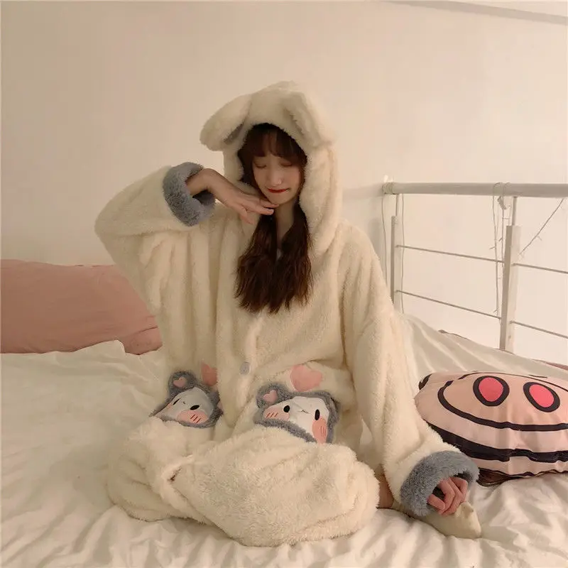 Autumn and Winter Thick and Warm Cute Mid-length Plush Nightgown Female Korean Sweet Bear Home Service Suit Outer Wear