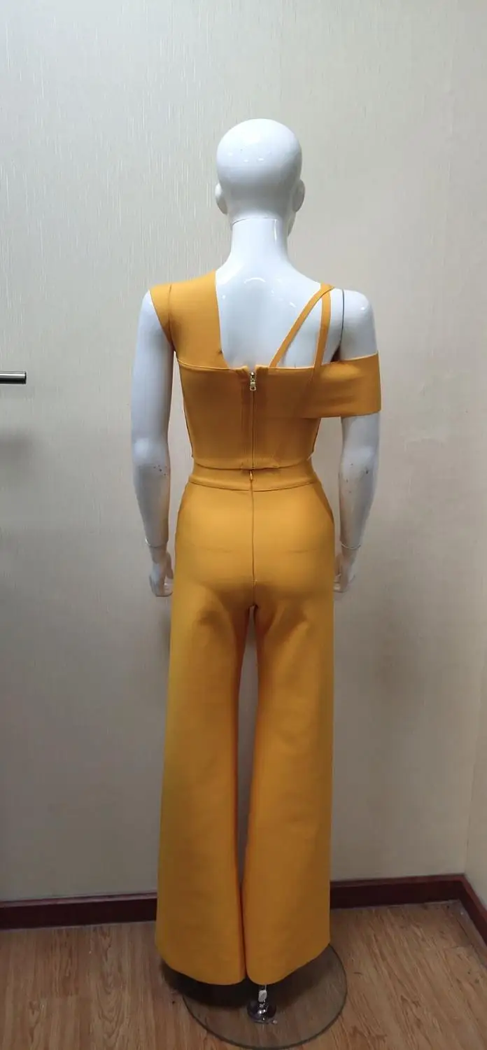 

2019 New Women Fashion 2 Pieces set Strap off Shoulder Bandage Tops and Pants Bodycon Sexy Crop Tops Short Orange Top Asymmetric