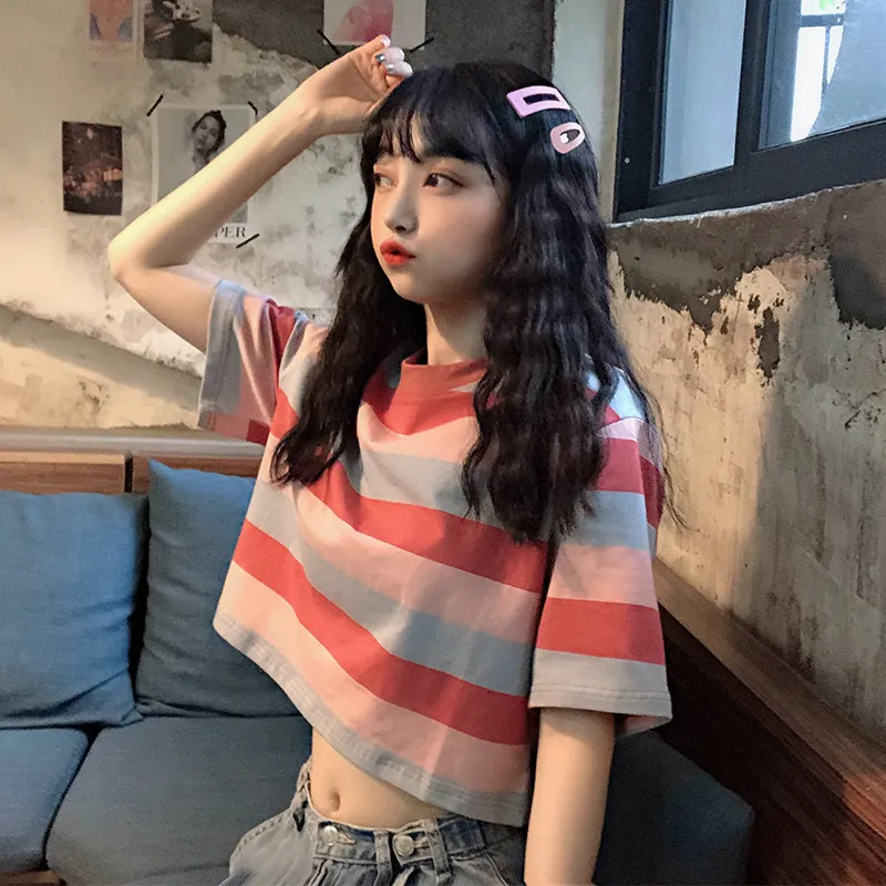 Harajuku Kawaii Для женщин футболки в радужную полоску свободные короткие укороченный