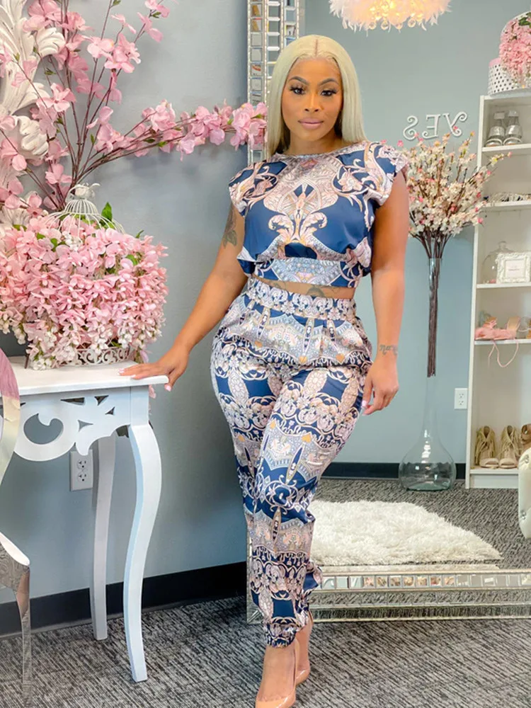 

Summer Two Piece Set Women Fashion Casual Printing Sleeveless Tshirt Trousers Plus Size Suit Ladies Two Piece Suit