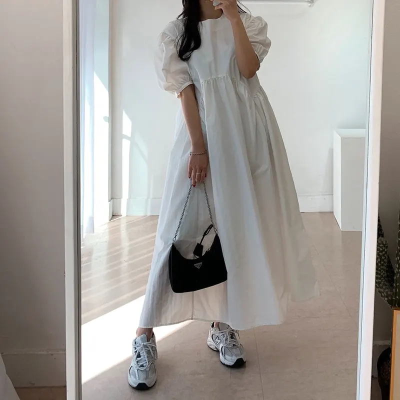 

Summer Women Dress 2021 Vintage Elegant Sexy Lantern Sleeve Chic High Waist Pleated Design Maxi Dress Beach Sundress Vestido