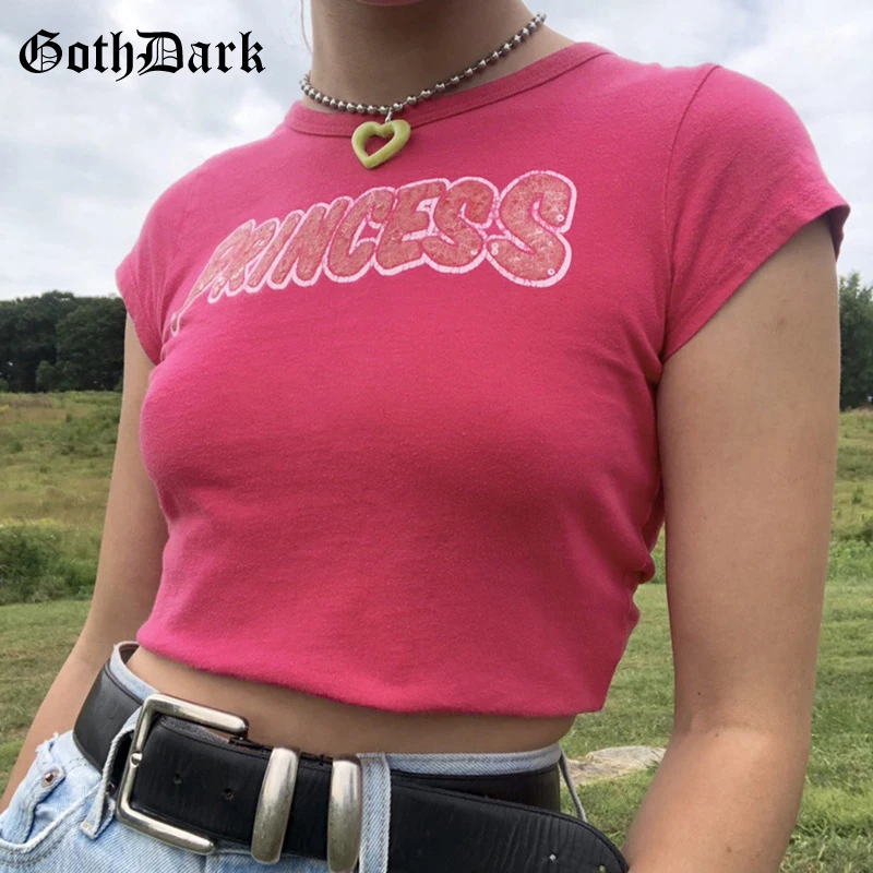 

Goth Dark Pastel Goth Pink Basic T-shirts Women Harajuku Letter Print Crop Tops Bodycon Short Sleeve Summer Casual Streetwear