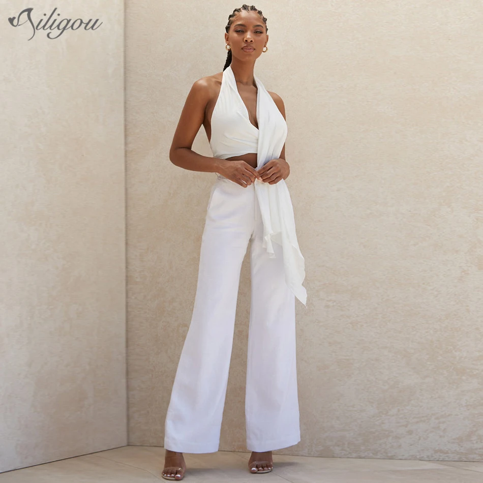 Ailigou новые женские белые пикантные 2 комплект из двух предметов пуловер с