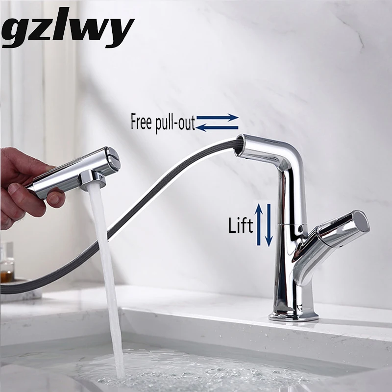 

gzlwy Black Brass Bathtub Faucet Pull-out Kitchen Sink Faucet Rotate/Lift Hot&Cold Mixer Crane Tap Bounce Drainer Basin Faucet