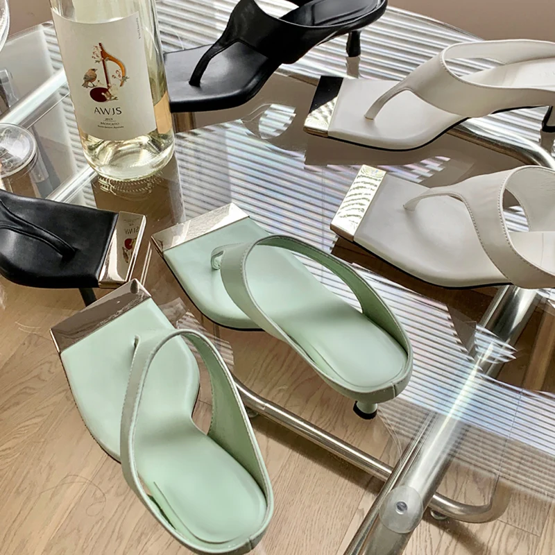 

Black Leather Flip-flops High-heeled Slippers Summer New Design Sense Temperament All-match Sandals and Slippers