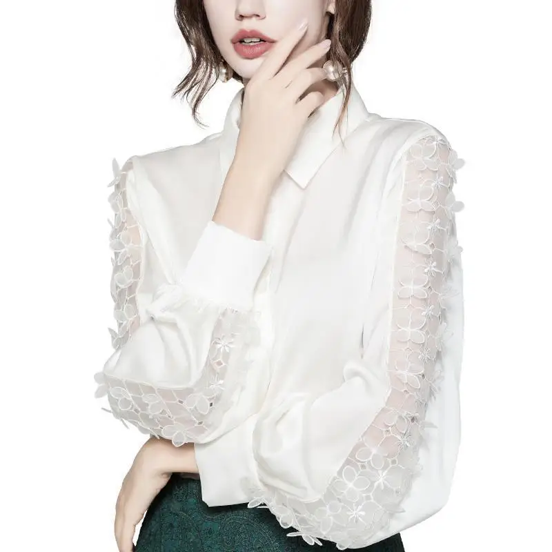 

2021 spring new style imitation silk chic top lace heavyweight bubble sleeve shirt