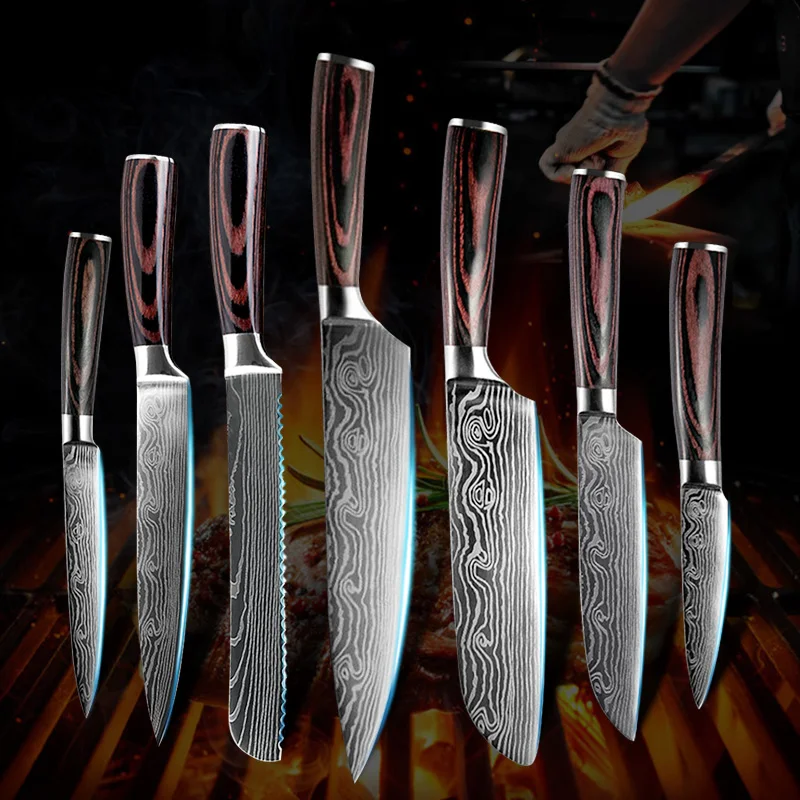 7PCS Kitchen Knives Damascus Laser Pattern Japanese Chef Santoku Slice Fruit Meat Cleaver Bread Knife Set 440C Stainless Steel