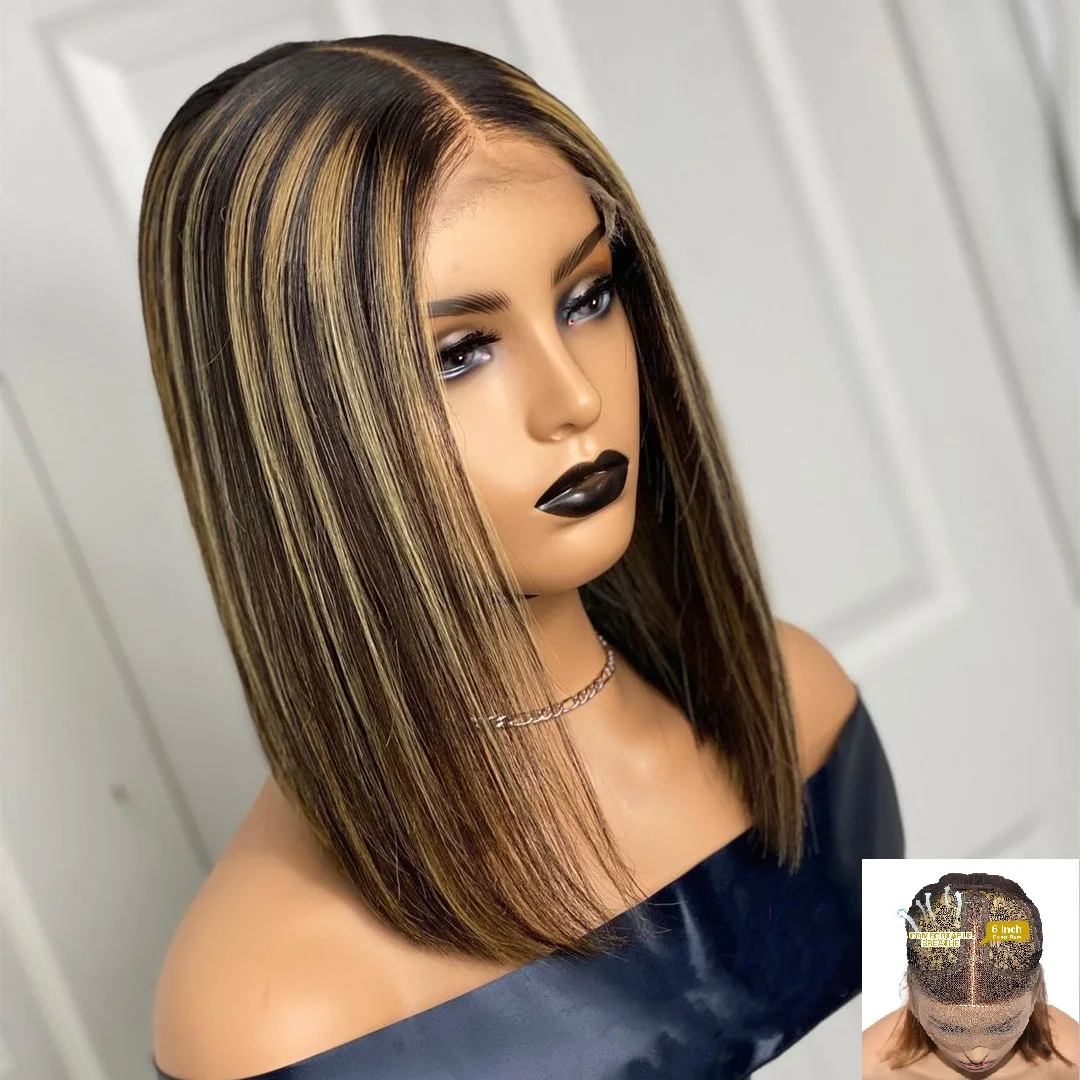 

Highlight Wig Lacefront Wig Human Hair Short Bob Wig Remy Honey Blonde Wig 6 Inches Deep Parting Lace Part Wigs For Woman 130%