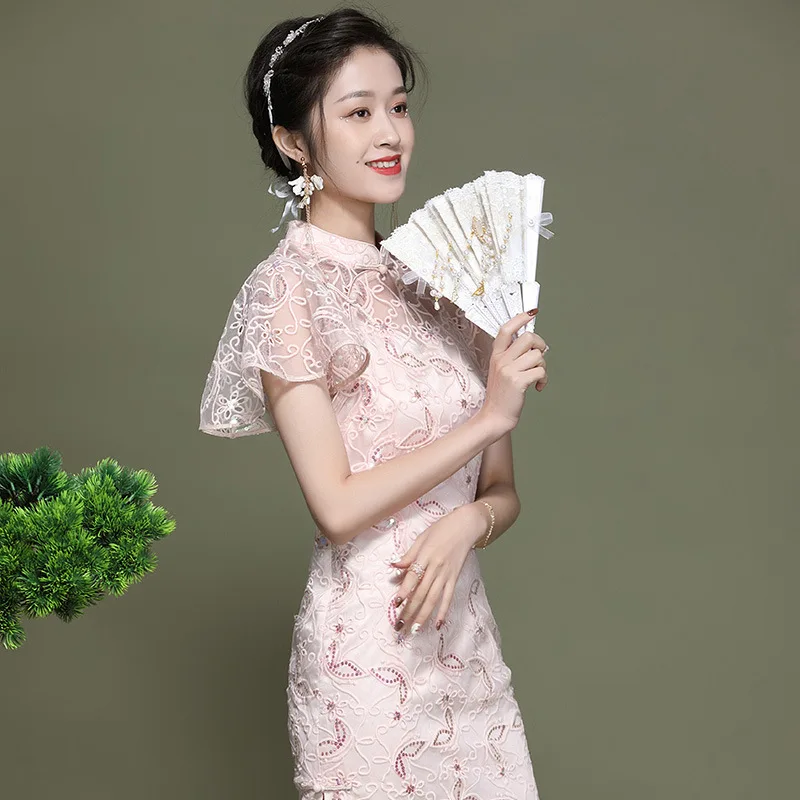

Fairy Cheongsam Skirt Summer 2021New Women's Embroidery Lotus Leaf Sleeve Improved Dress Dress Chinese Clothing