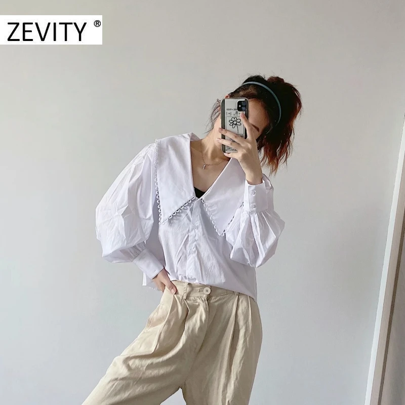 ZEVITY Women's Sweet Peter Pan Collar Lace Stitching Poplin Blouse - Casual Puff Sleeve White Chemise with Chic Tops (LS7201) image 3