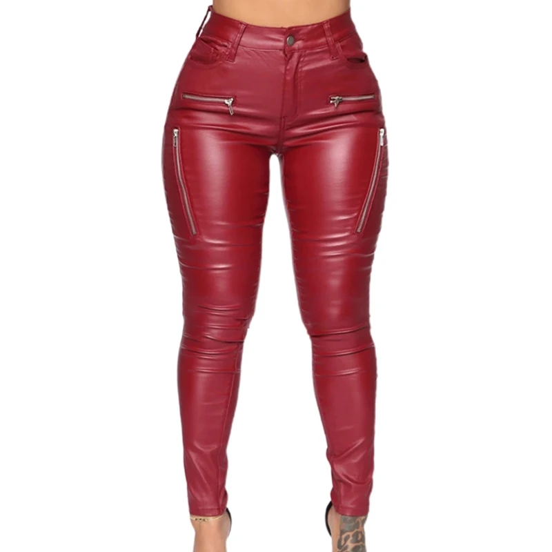 

Women Sexy Artificial Leather Stretch Skinny Pants Mid Rise Solid Color Leggings Fake Zipper Detail Tight Pencil Trousers Clubwe