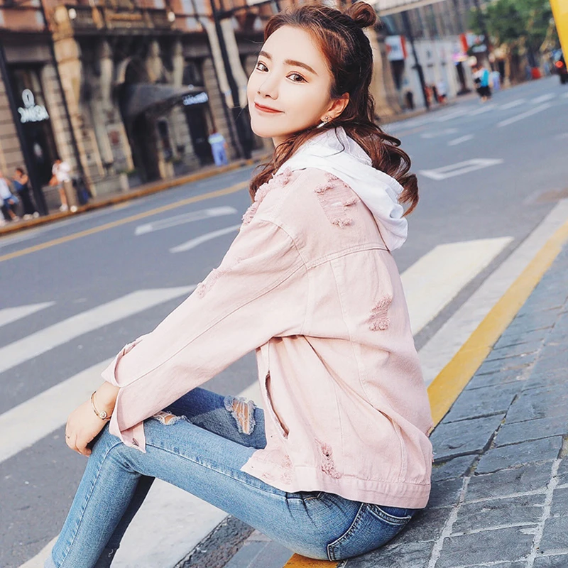 Женская джинсовая куртка CHICEVER розовая свободная однобортная с отложным