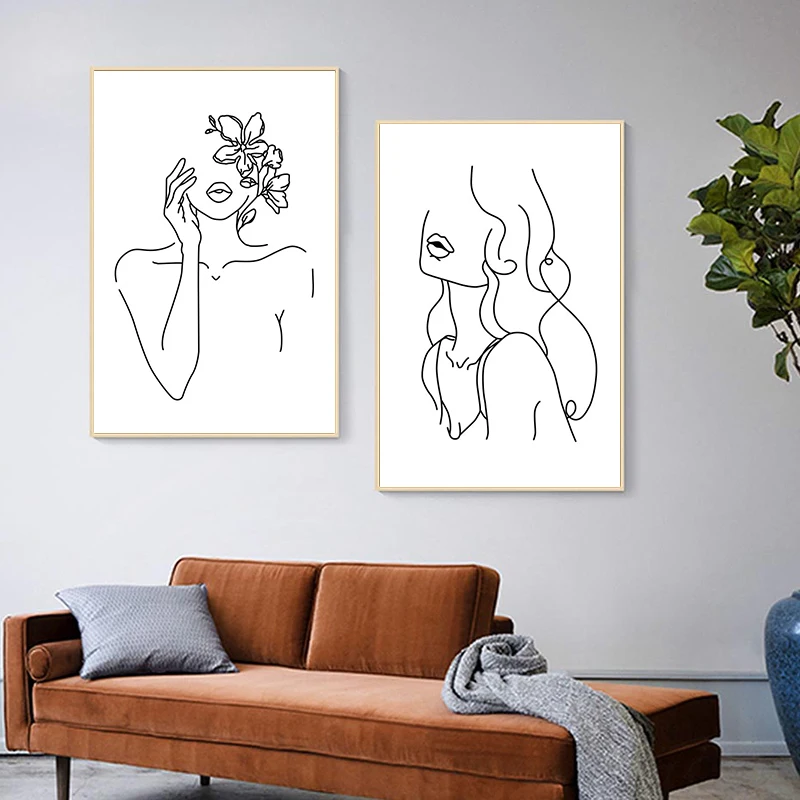 

Female Line Art Black And White Prints Gallery Wall Minimalist Canvas Painting Flower Head Wall Art Poster Picture Bedroom Decor
