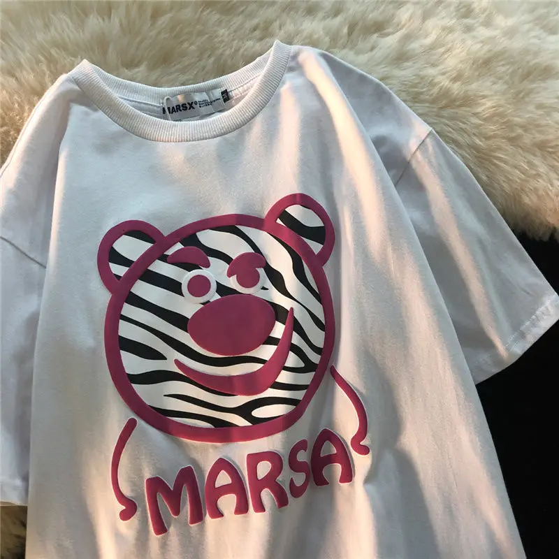 

Cotton Summer New Korean Style Loose Short-Sleeved T-shirt Female Student Cute Strawberry Bear Couple Top Fashion