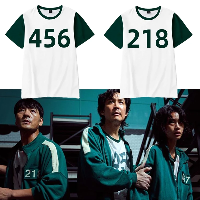 

Футболка Мужская/женская с коротким рукавом, модная повседневная тенниска оверсайз в Корейском стиле с принтом игры кальмар, уличная одежд...