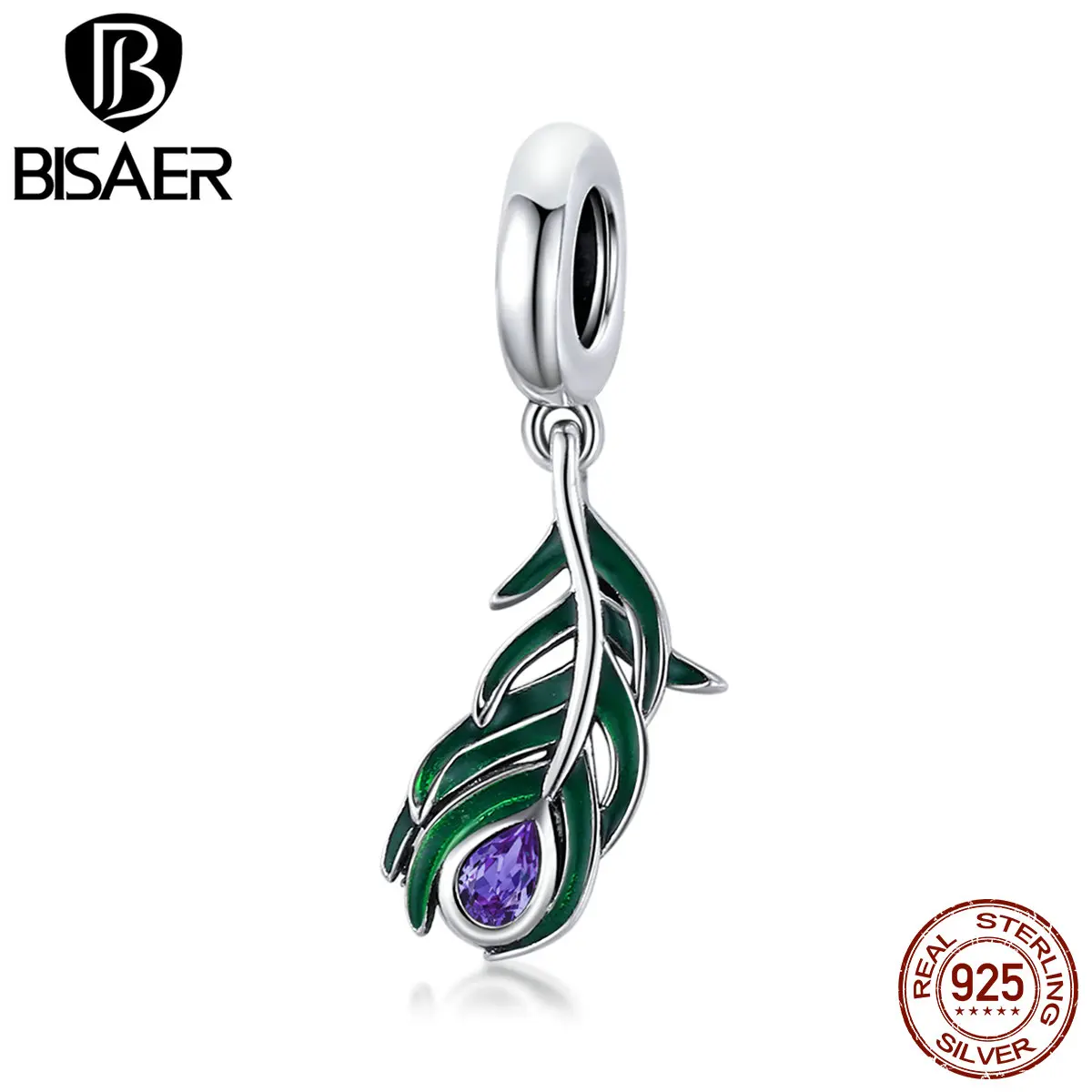 

BISAER Peacock Feather Beads 925 Sterling Silver Blue Feather Charm Pendant Fit DIY Bracelet Necklace Jewelry Gift ECC1704