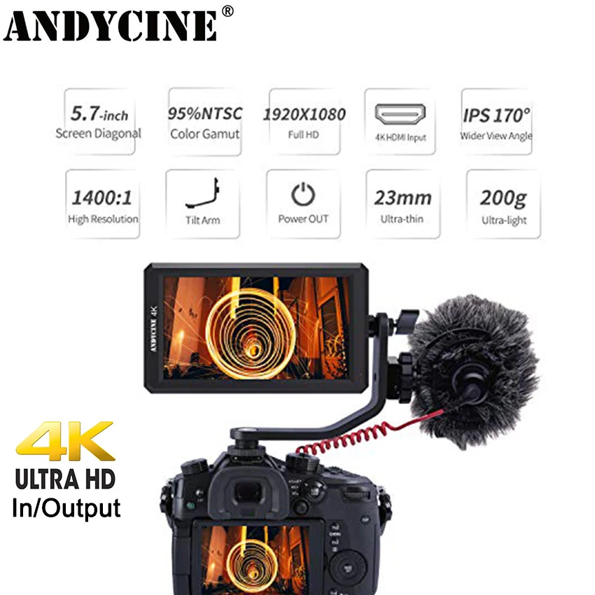 

ANDYCINE A6 5,7-дюймовый монитор, HDMI, 1920x1080, 8 в пост. Тока, выход питания, поворотный кронштейн, мониторинг GH5, Sony, Nikon, Canon, DSLR