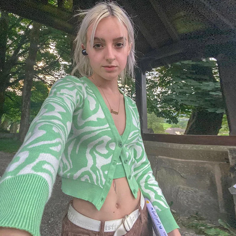 

Женский однобортный Кардиган с V-образным вырезом, облегающее пальто с длинными рукавами и абстрактным принтом в полоску, трикотажная куртк...