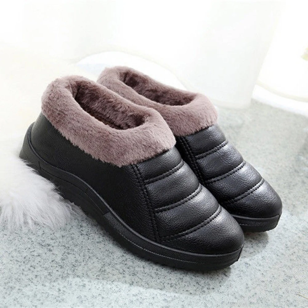 Женские зимние хлопковые ботинки на плоской подошве без застежки с теплым мехом