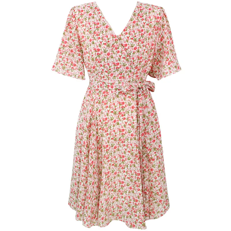 

Vintage Floral Chiffon Dress Short Small Waist-Tight Slimming V-Neckline Sweet First Love Xiaoqing New Summer New
