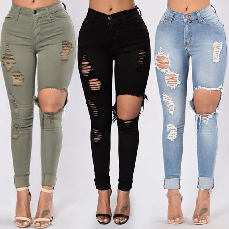 

Dilusoo Women High Waist Jeans Pants Elastic Holes Denim Jeans 4 Season Pencil Pants Woman Casual Skinny Ripped Jeans Trousers