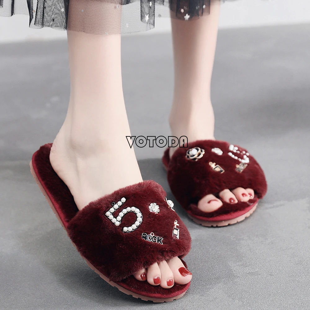 

New Winter Women Slippers Fashion Diamond Faux Fur Slippers Ladies Warm Plush Slippers Casual Indoor Slippers Home Flats Shoes