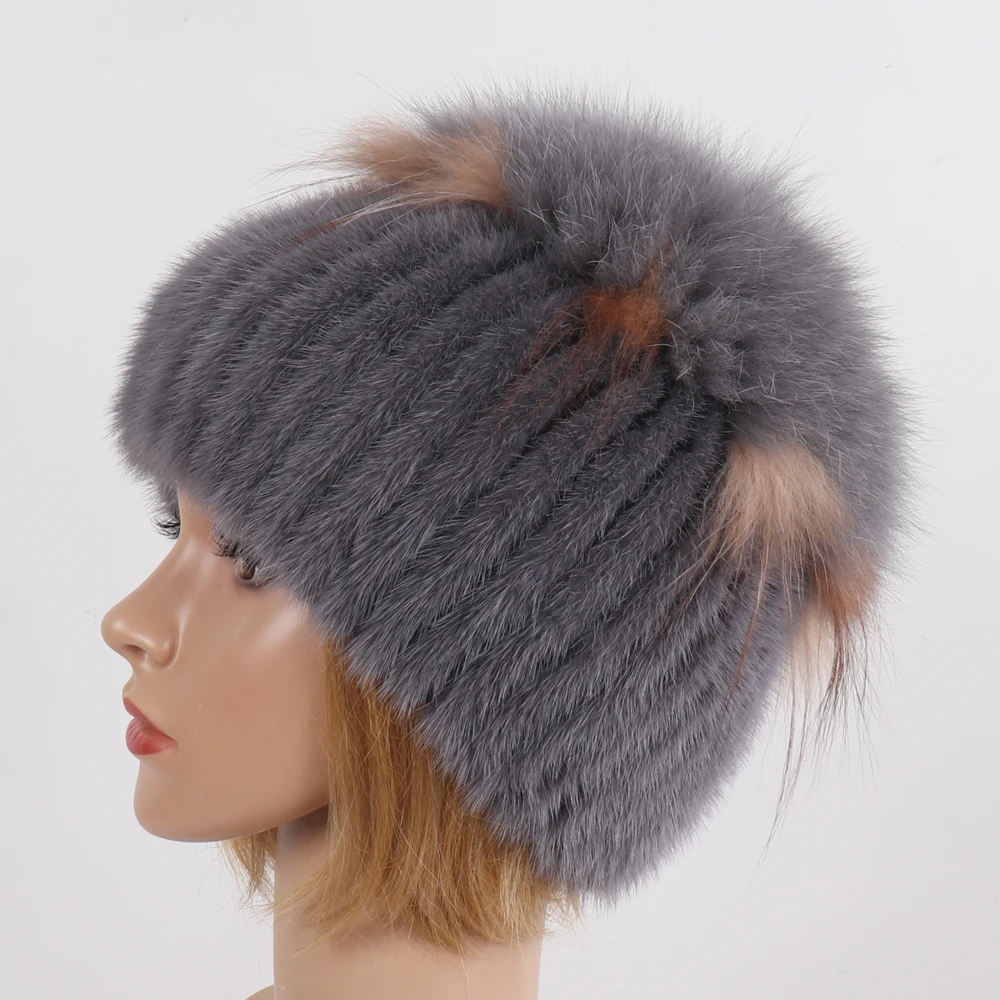 Женская шапка бомбер ручной вязки из натурального меха норки шапки лисьего