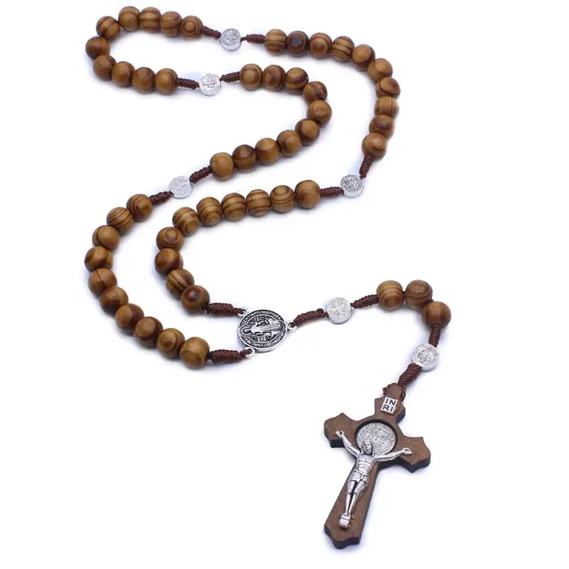 

Fashion Handmade Round Bead Catholic Rosary Cross Religious Wood Beads Men Necklace Charm Gift