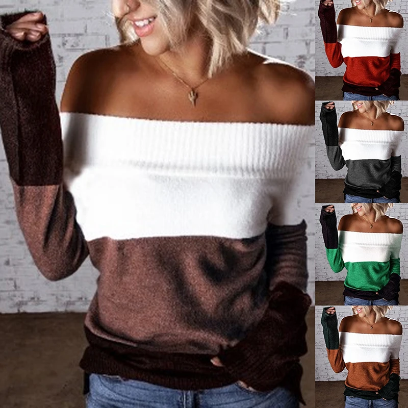 

Модный свитер с открытыми плечами, женский джемпер, осенне-зимние свитера без бретелек, пуловер с длинным рукавом, вязаная женская уличная о...