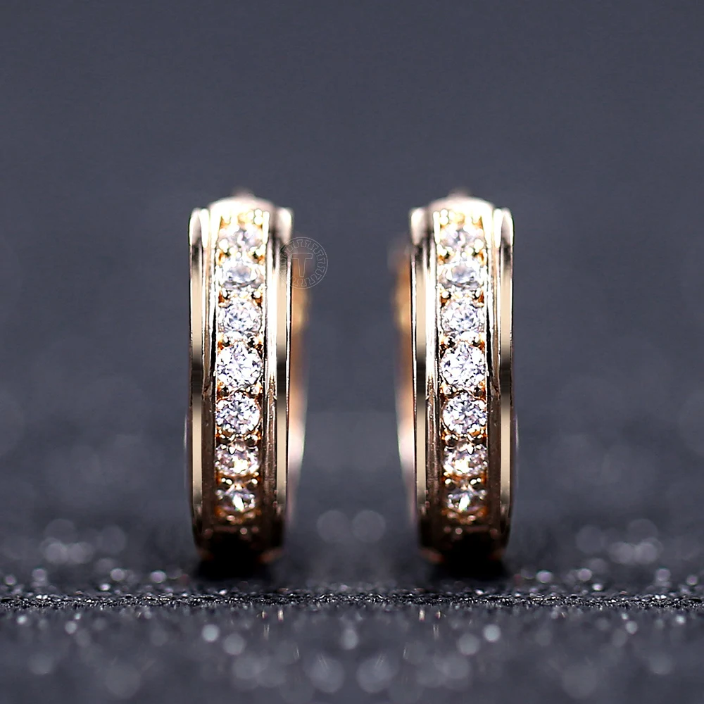 Dangle Huggie Earrings for Women Girls 585 Rose Gold Hoop Clear Cubic Zircon Wedding Party Fashion Jewelry DGEM38 | Украшения и