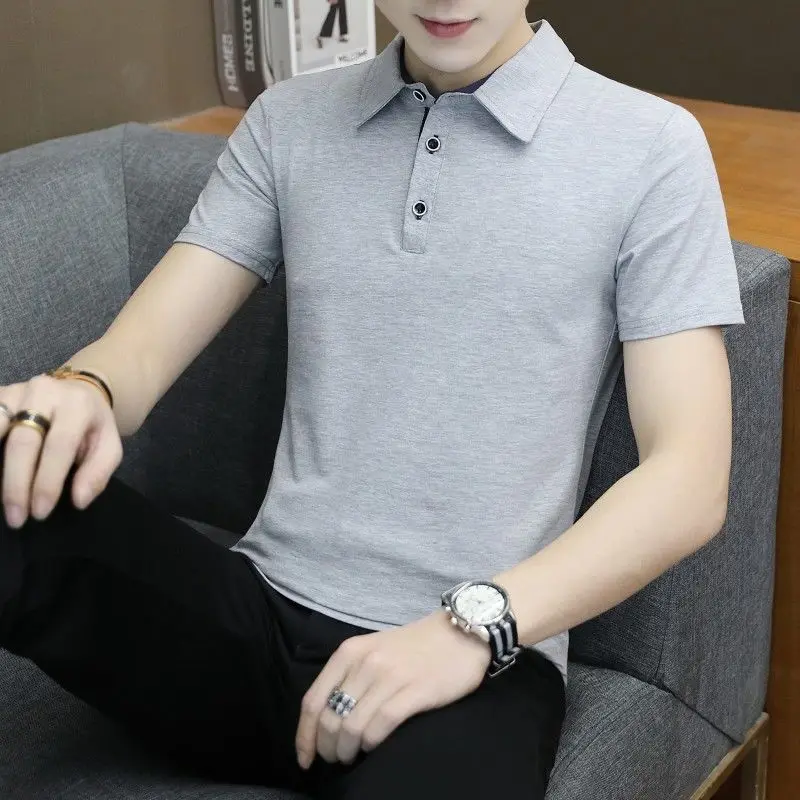 

2020 Summer Casual Men's T-shirt Patchwork Short Sleeve Turn-down Collar Cotton Blend T Shirt for Men Comfortable 4XL Plus Size